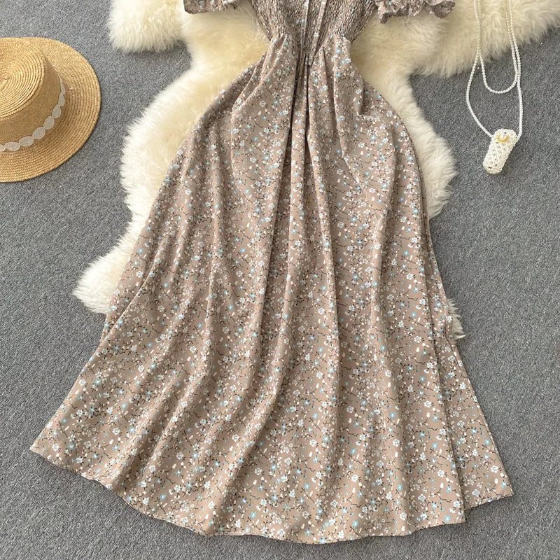 2025 Summer French Vintage Floral Dress Fashion Elegant High-Waisted Drawstring Vestidos Printed Fresh And Sweet Long Dresses