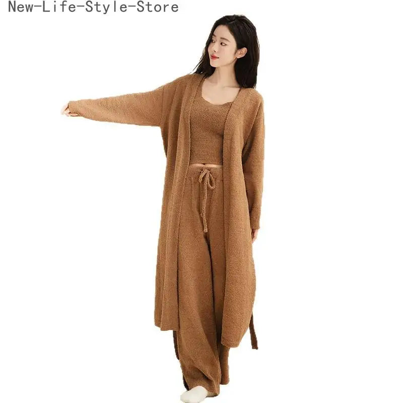 Women Autumn Winter New Half Velvet 3 Piece Pajama Set Thick Plush Loungewear with Bathrobe Soft Cozy Casual Home Sleepwear