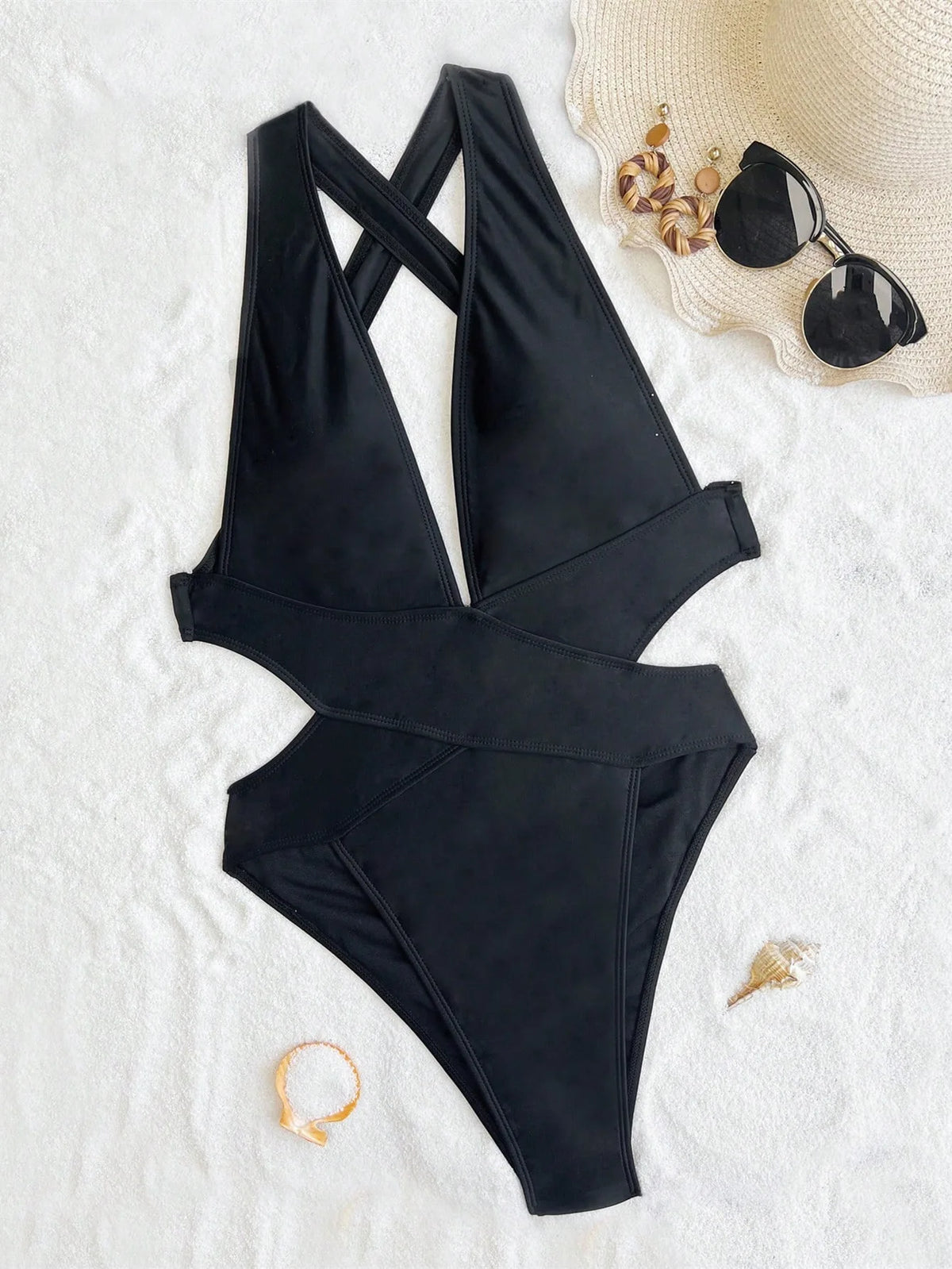Deep V Neck One Piece Swimsuit Women Solid Red Black Criss Cross Backless Pleate Thong Bikini 2026 Beach Bathing Suit Swimwear