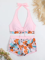 2026 Summer Women's Print Patchwork Swimsuit Sexy Deep V Neck Back Lace-up Swimwear High Waist Shorts Tankini Bathing Suit Beach
