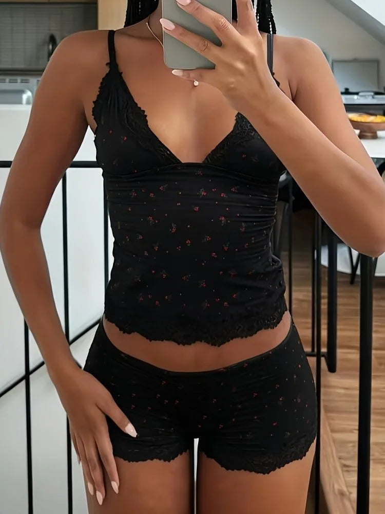 Summer Two-piece Pajamas Set for Women SleepwearFloral Lace Pink Sleeveless Camisoles and Slim Shorts Loungewear