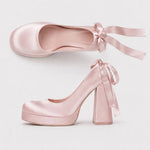 Size 42 Elegant Pink Satin Platform Block Heel Pumps Black Ribbon Wrap Ballerina Bow Wedding Party Dress Heels Shoes Women
