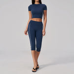 Color Blocked Yoga Suit Women Tracksuit Short Sleeve Shock-absorbing Sports T Shirts High Waist Pants Gym Running Fitness Suits