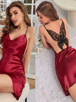 Women Satin Slip Nightgown Draped V Neck Butterfly Lace Back Mini Night Dress Spaghetti Strap Split Hem Sexy Silky Lingerie Slee