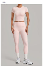 Women Tracksuit Yoga Sets Short Sleeve Slim Sports T Shirts Workout Clothes Outdoor Tight High Waist Pocket Pants Fitness Suits