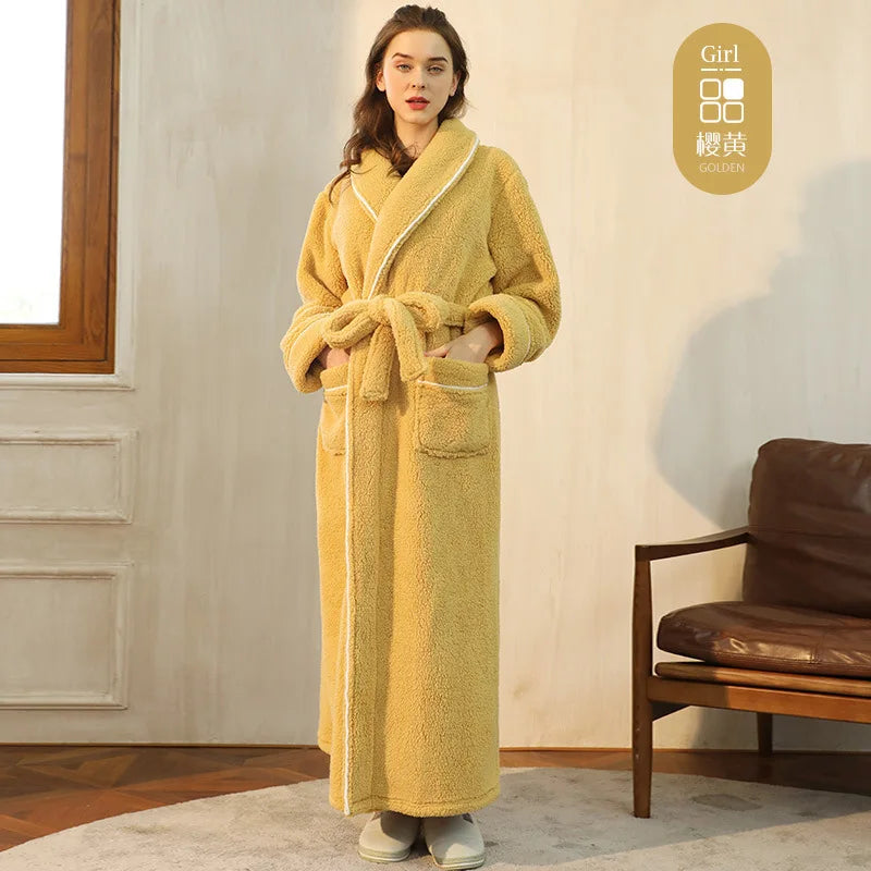 Men's and Women's Styles Winter Bathrobe Long Sleeve Warm Turn Down Collar Fluffy Bath Robe with Sashes Solid Fleece Gown 2025