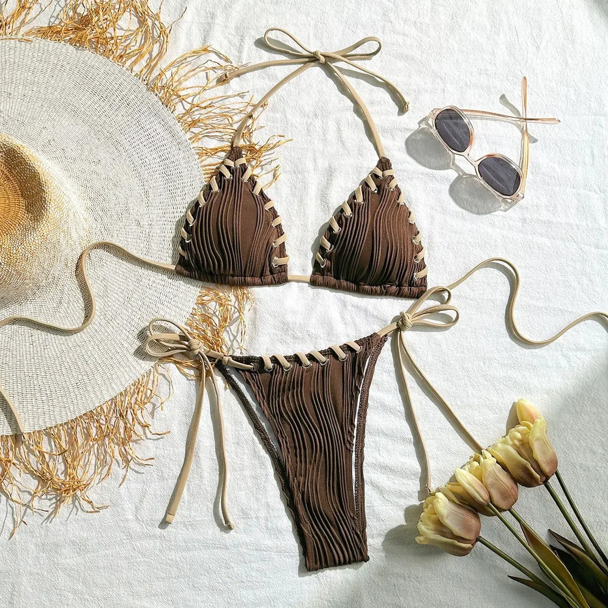 2025 Halter Wrinkled Weave Bikini Women Swimwear Female Swimsuit Two Pieces Bikini Set Brazilian Bathing Suit Swim Beach Wear