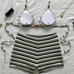 Sexy Striped Print Triangle Bikini with Shorts Halter Bead String Swimsuit Woman 2026 Swimwear Brazilian Bikinis Sets Femmes