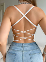 Women Spaghetti Strap Crop Cami Top Square Neck Criss Cross Back Lace‑Up Slim Fit Sleeveless Y2K Club Party Tank Tops