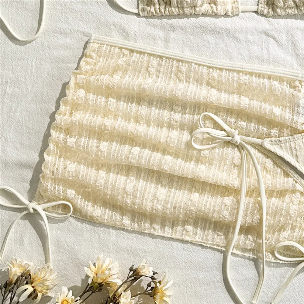 Beige Mesh Cover Ups Swimwear Halter String Triangle Bikinis Sets 3 Pieces Micro Thong Sexy Swimsuit Women 2026 Bathing Suit