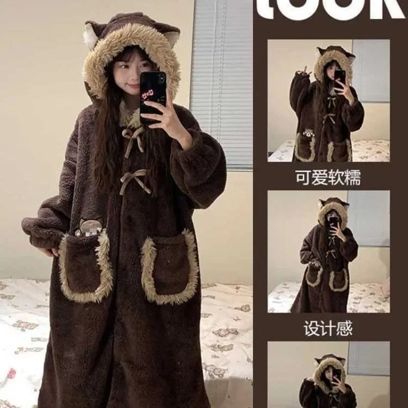Cute Coral Velvet Hooded Pajamas Long Robes Women Winter Warm Soft Plush Thickened Night Gown Students Homewear Bath Robe 2025