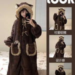 Cute Coral Velvet Hooded Pajamas Long Robes Women Winter Warm Soft Plush Thickened Night Gown Students Homewear Bath Robe 2025