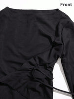Women's Casual Solid Color Boat Neck Flare Sleeve T-Shirt Elegant Back Tie Slim Fit Long Sleeve Tops Spring/Fall