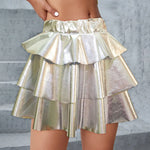 Women's Gold Metallic Tiered Mini Skirt Elastic High Waist Shiny Pu Ruffle Hem Party Skirts Dance Performance Festival Outfits