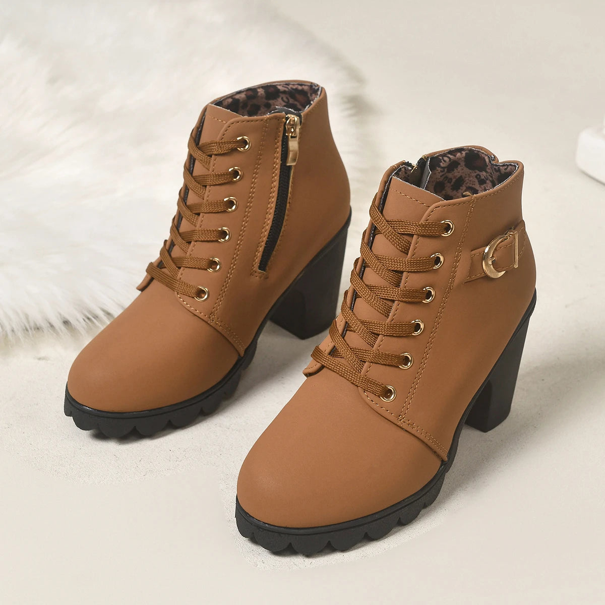 Women Lace‑Up Ankle Boots Metal Buckle Decor Side Zipper Chunky Block Heel Lug Sole Combat Short Booties Fall Winter Large Size