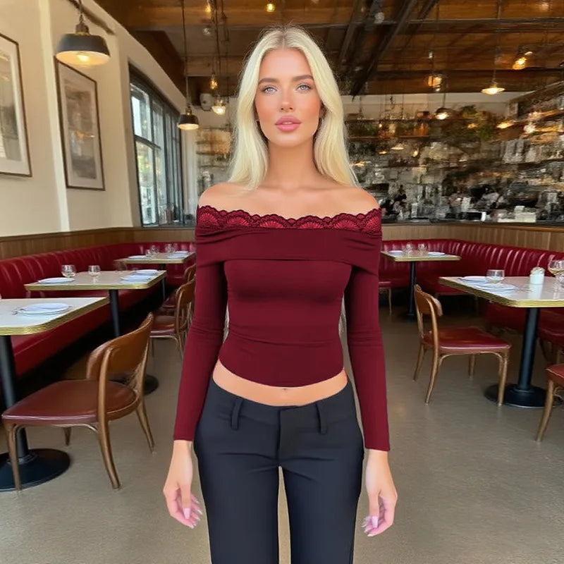 Y2K Streetwear Lace Long-Sleeve Off-Shoulder Top for Women American Style Slim-Fit Hot Girl T-Shirt Lady Spring Autumn Outfit
