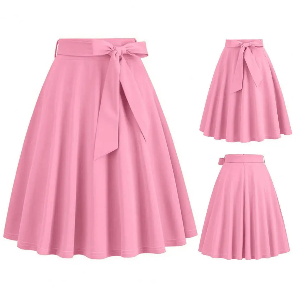 Women Skirt A-line Big Swing Belted Tight Waist Bow Decor Solid Color High Waist Soft Ruffle Summer Dating Party Midi Skirt