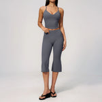 Summer New Yoga Clothing Women Solid V Neck Slim Sports Tank Top Athletic Wear High Waist Butt Lift Mid Pants Gym Fitness Suits