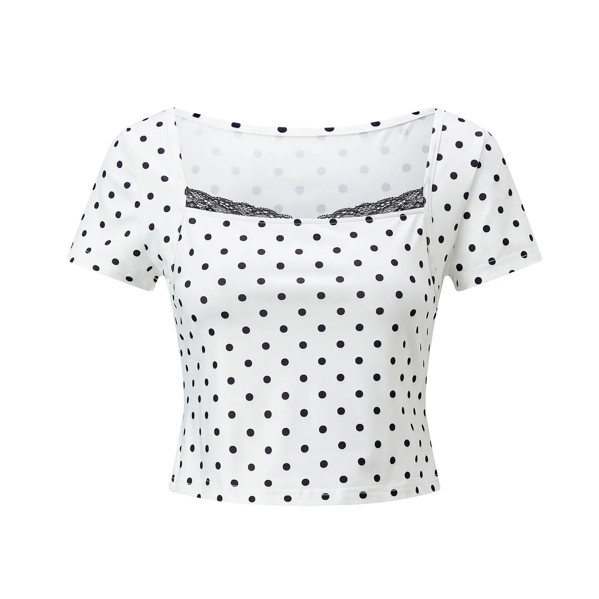 2026 Summer Women Lace Trim T-shirt Square Neck Short Sleeve Slim Fit Cropped Tops Trendy Daily Casual Retro Shirts