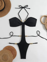 Extreme String Mini Micro Thong Women Swimwear One Piece Swimsuit Female Metal Beads Monokini Halter Bathing Suit Swim Bodysuit