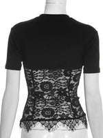 FDYOUI Woman Clothing Lace Patchwork Corset T-shirt 2026 Elegant Sexy Short Sleeve See-through Black Tops Y2K Girls T-shirts
