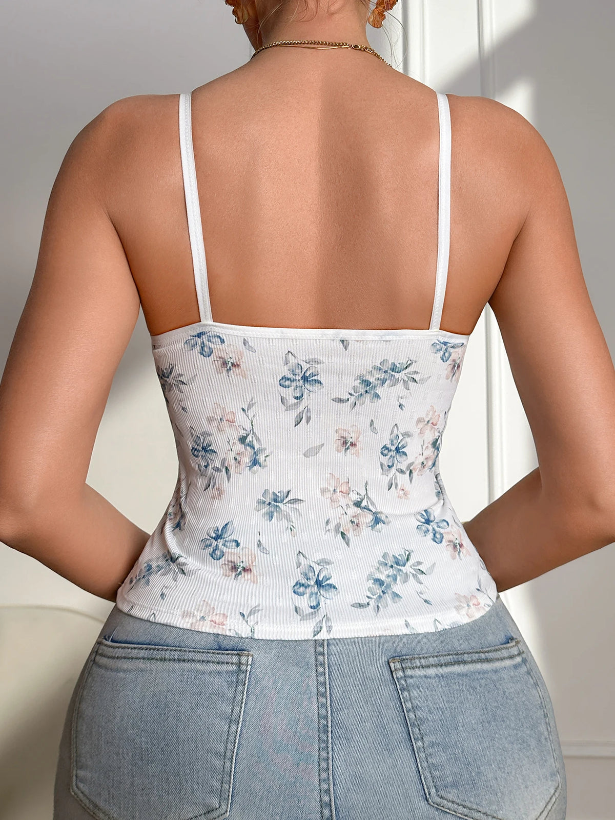 Women Floral Print Ribbed Cami Top Lace Trim Sleeveless Tank Tops Bow Spaghetti Strap Slim Fit Casual Camisole