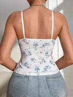 Women Floral Print Ribbed Cami Top Lace Trim Sleeveless Tank Tops Bow Spaghetti Strap Slim Fit Casual Camisole