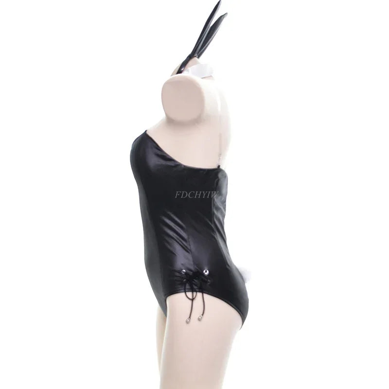 Bunny Girl Costume Women Sexy Cosplay Lingerie PU Faux Leather Bodysuit with Tie Headband Set Kawaii Rabbit Suit Uniform