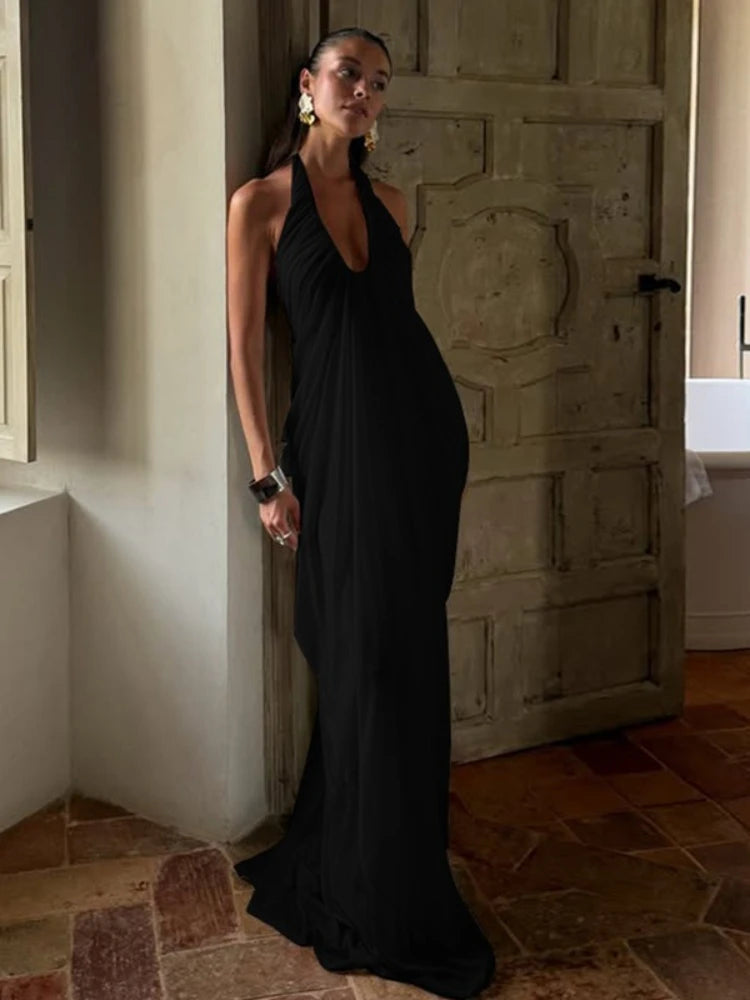 FDYOUI 2026 Summer Backless Ruched White Long Maxi Dress for Woman Elegant Sexy Halter Sleeveless Loose Evening Party Dresses