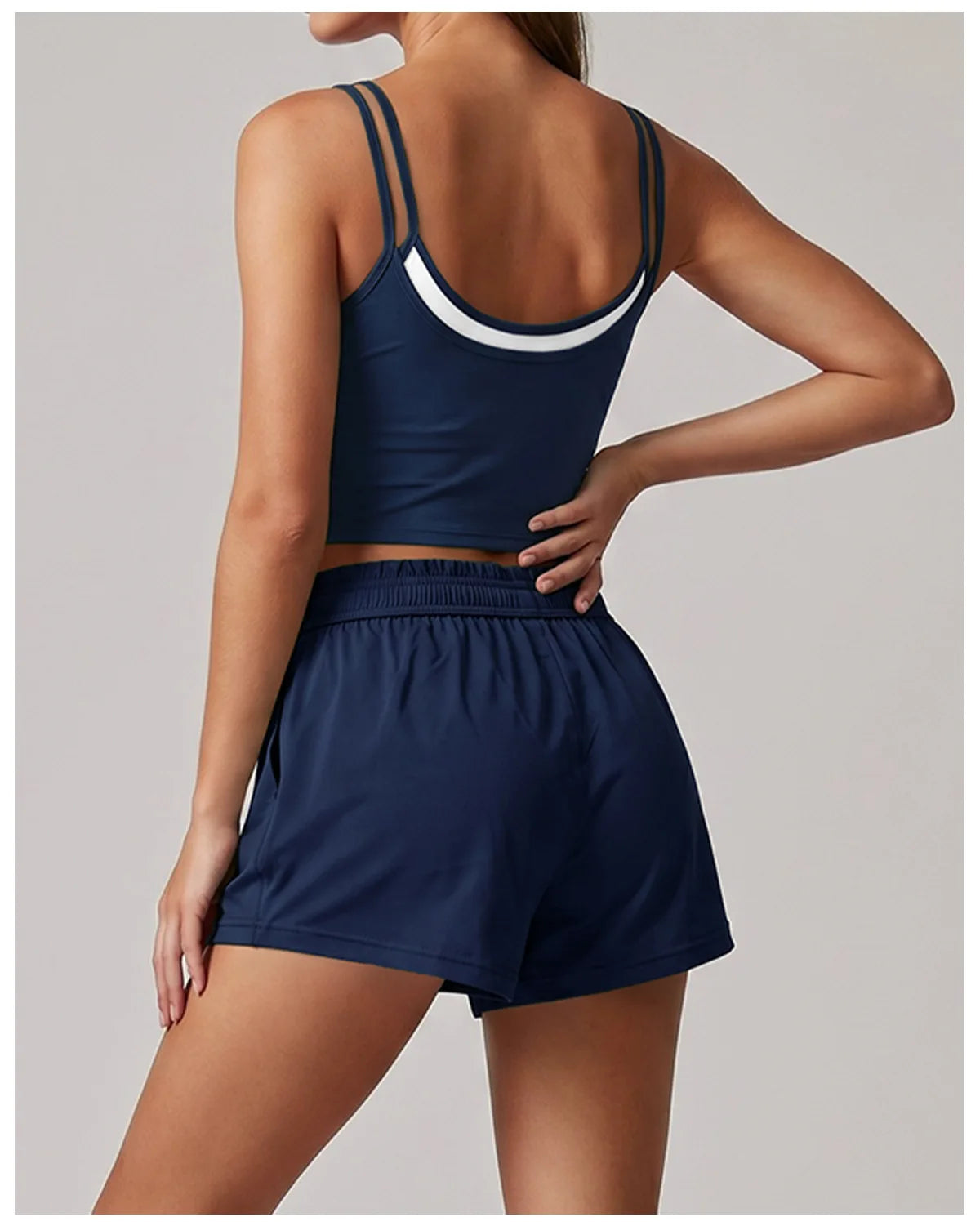 Women's New Summer Yoga Sets Color Blocked Double Strap Workout Tank Top Fitness Suit Drawstring High Waist Short Sport Set