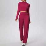 2 Pcs Women's Seamless Yoga Set Long-sleeved Wide-leg Pants Tracksuit Fitness Sports Set High-waisted Hip-lifting Slim-fit Suit