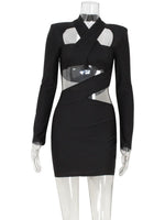 Ahagaga Sexy Club Women's Mini Dresses Solid Hollow Out V-Neck Regular Long Sleeves Sheath Bodycon Slim Fit Streetwear Vestidos