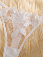 French-style atmosphere white floral appliqued lingerie, wedding and date sexy satin sheer bra thong set ZA824031