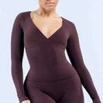 NCLAGEN Sports Tops Gym Women Long Sleeve V-neck Naked Feel Yoga Shirt With Built-in Bra Fitness Workout Clothes Pilates Blouse