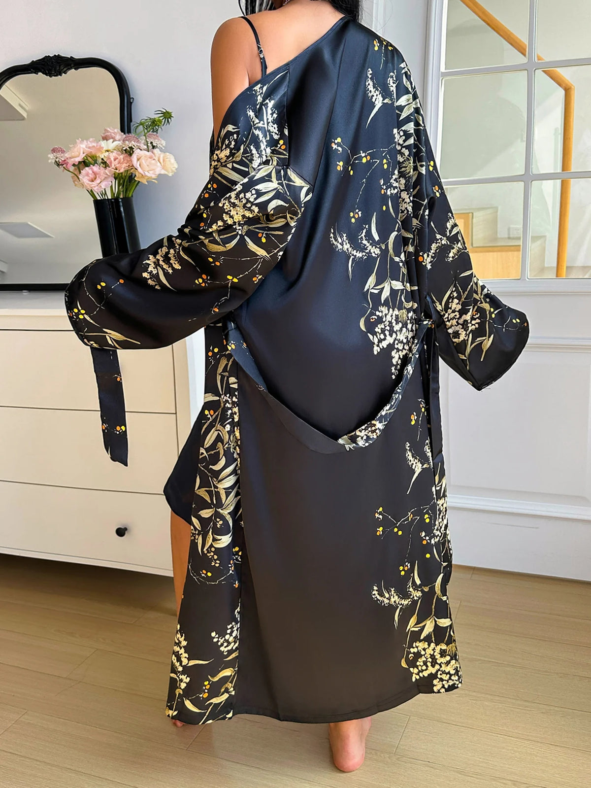 2 Piece Women Satin Pajama Set Cherry Print Elegant Sleepwear Long Sleeve Bathrobe Nightdress For All Season