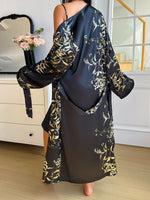 2 Piece Women Satin Pajama Set Cherry Print Elegant Sleepwear Long Sleeve Bathrobe Nightdress For All Season