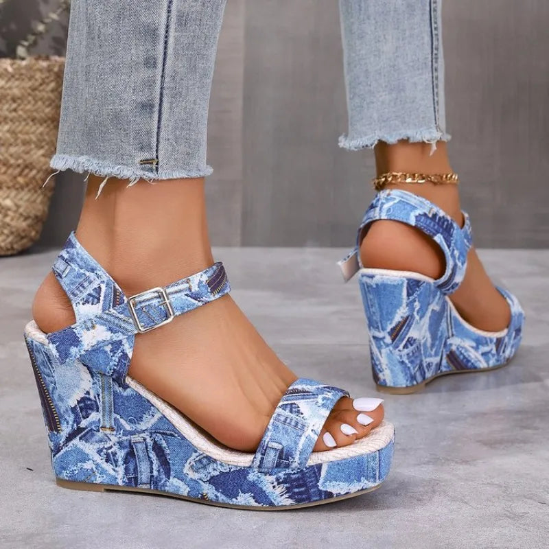 2026 New Women's Wedge Sandals Fashion Floral Printed Canvas ShoesCasual Sandals