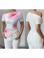 Women's Summer T-Shirts Flower Print Short Sleeve Slash Neck Off One Shoulder Trendy Tees Tops