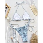 Denim Printed Halter Strappy High Cut Bikini Female Swimsuit Women Swimwear Two-pieces Bikini Set Bather Bathing Suit Swim V5779