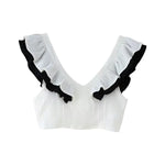 Women's Contrast Color V-Neck Ruffle Top And Skirt Women White Ruffle Trim Crop Top Skirt Casual Summer Outfit Pure Desire 0U19