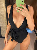 Sexy Wrap Around Bandage Women Swimwear One Piece Swimsuit Female Bather Deep V Neck Bathing Suit Swim Backless Monokini V1639C