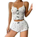 Cute Heart Print Pajama Set Women's Ribbed Cami Top & Shorts Bow Detail Sleepwear Loungewear Soft Comfortable Pj Set New Fashion