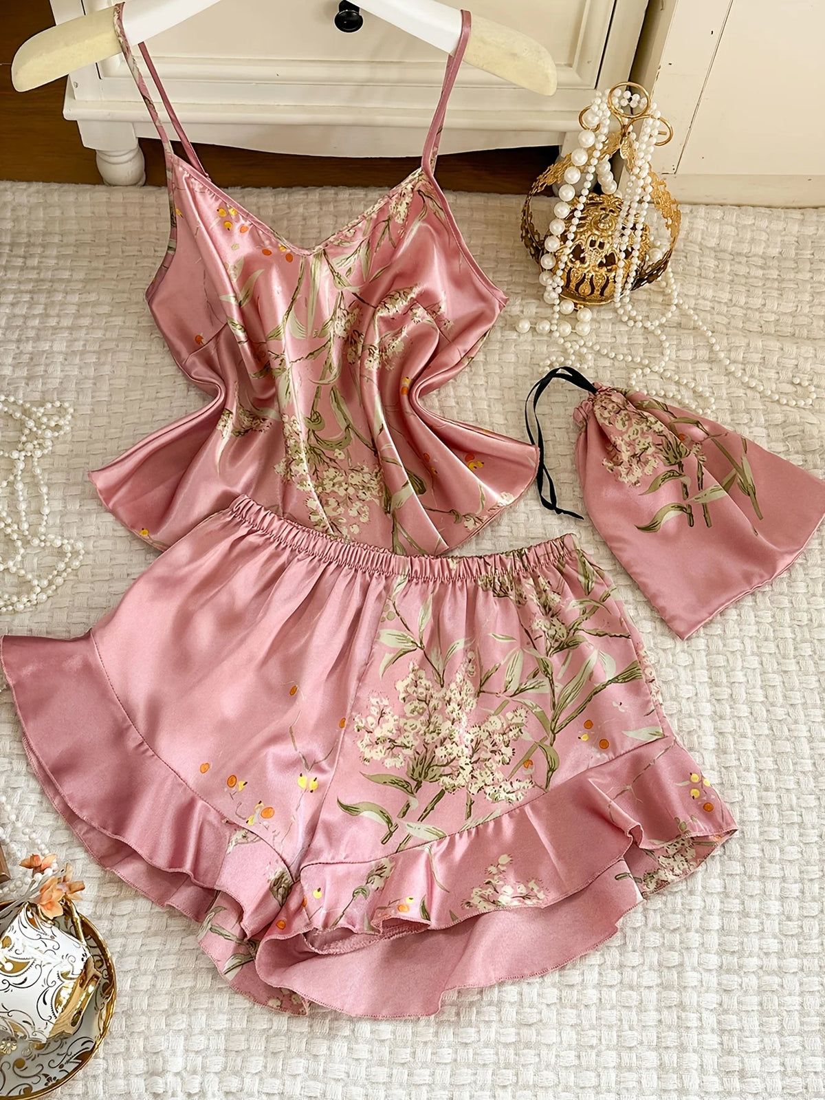 New Women Satin Pajama Set Cherry Print V Neck Top Ruffle Shorts Versatile Outfit Wearable Outside Elegant Sleepwear
