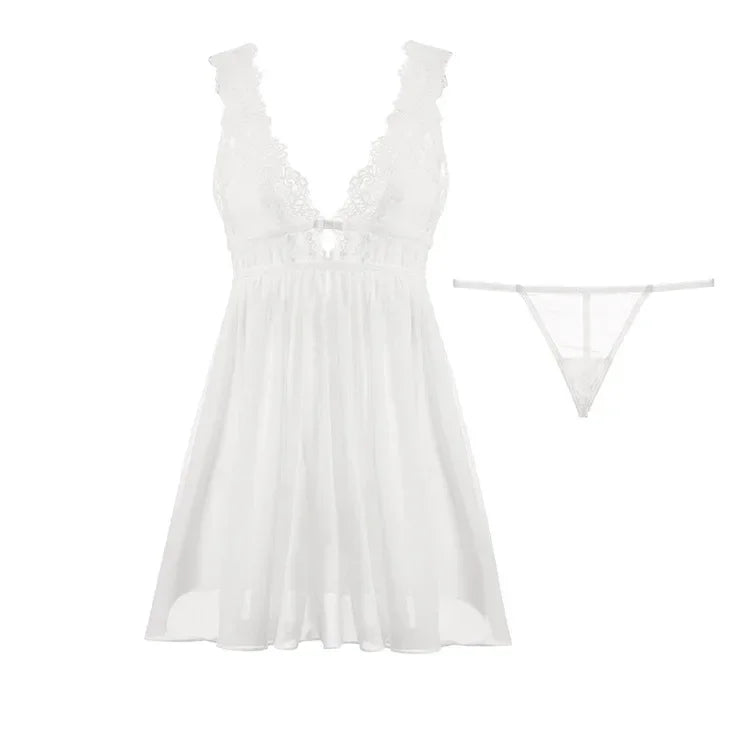 Women Sexy Lace Backless Nightgown Deep V Neck Sleepwear Split Hem Babydoll Nightdress Sheer Mesh Pajamas Lingerie