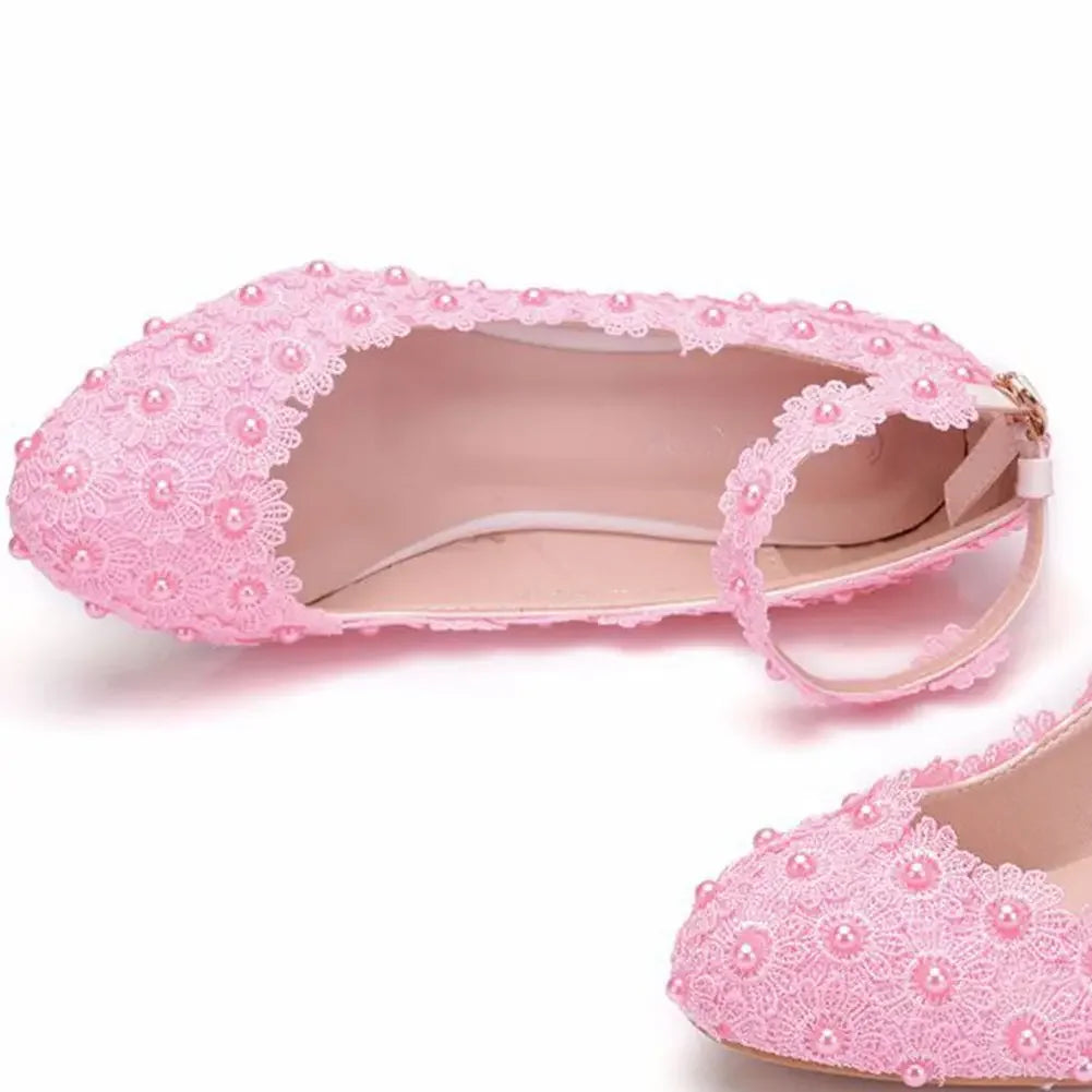 Women 3CM High Heels White Lace Pearl Wedding Shoes Sexy Bride PartyPointed Toe Shallow Mouth Pumps Shoe BridesmaidPink
