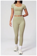 2PC Color Contrast Yoga Suit Women Short Sleeve Square Collar Slim Sports Top Fitness Suits Outdoor Exercise Leggings Tracksuit