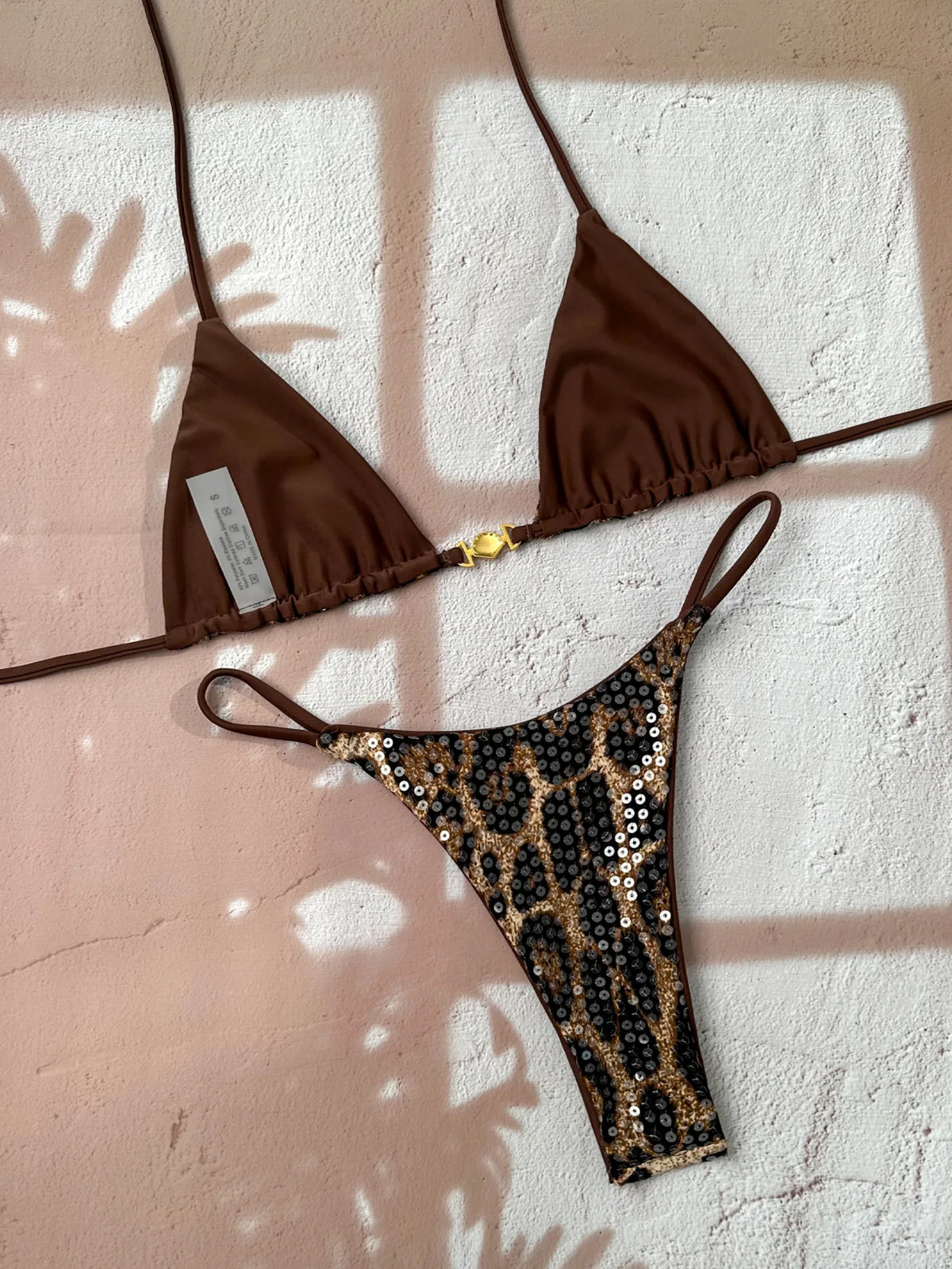 Shiny Sequin Coffee Leopard Print Bikini Set Women Halter Push Up Bra Triangle Swimsuit 2026 Beach Bathing Suit Holiday Swimwear