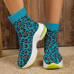 Fashion Leopard Print Platform Ankle Boots Women Comfy Slip On Breathable Knitted Boots Woman Plus Size 35-43 Wedges Short Boots