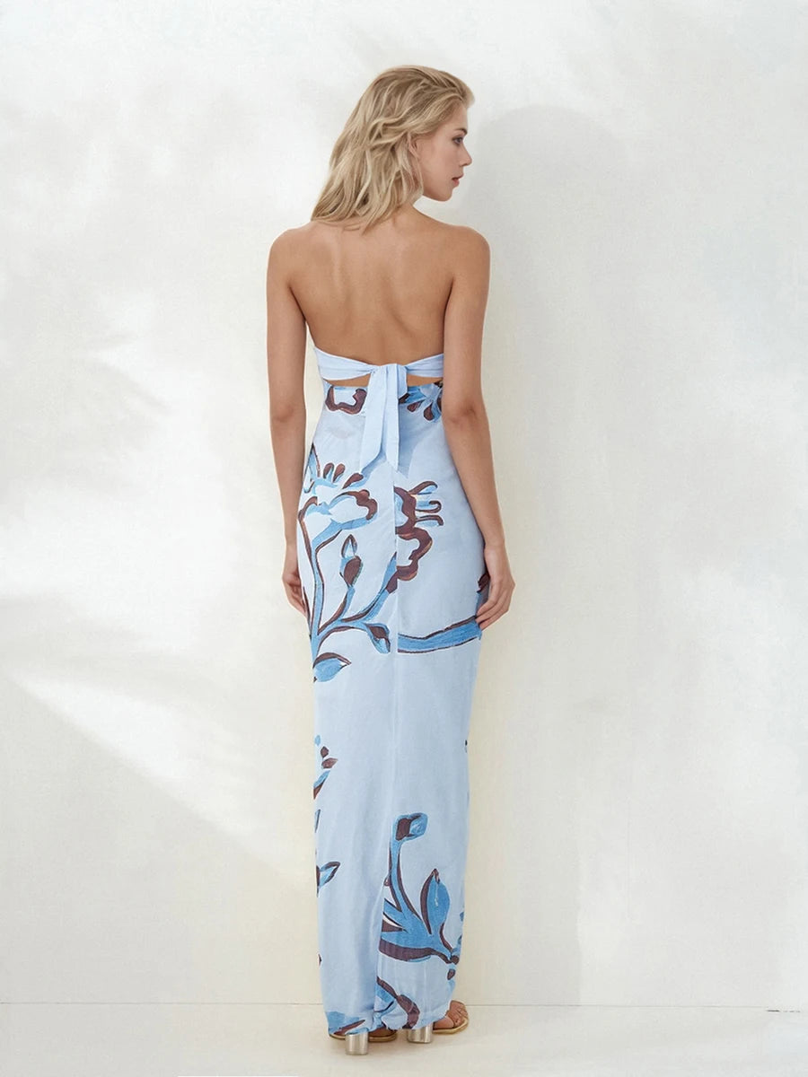 Women Floral Print Tie Backless Dress for Bohemian Party Evening Ring Cut Out Strapless Bodycon Long Dresses
