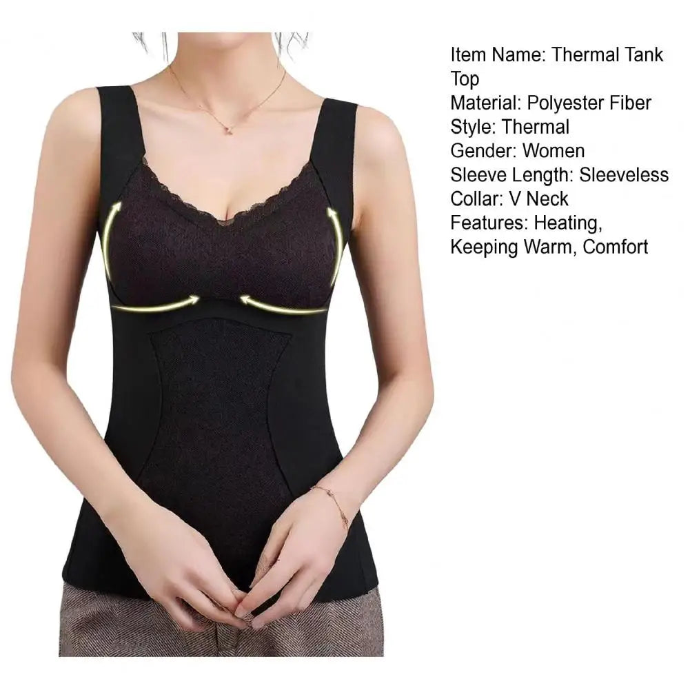 Warm Camisole Undershirts Sleeveless Thermal Tank Top for Women Fleece Lined Lace V Neck Base Layer with Built in Bra
